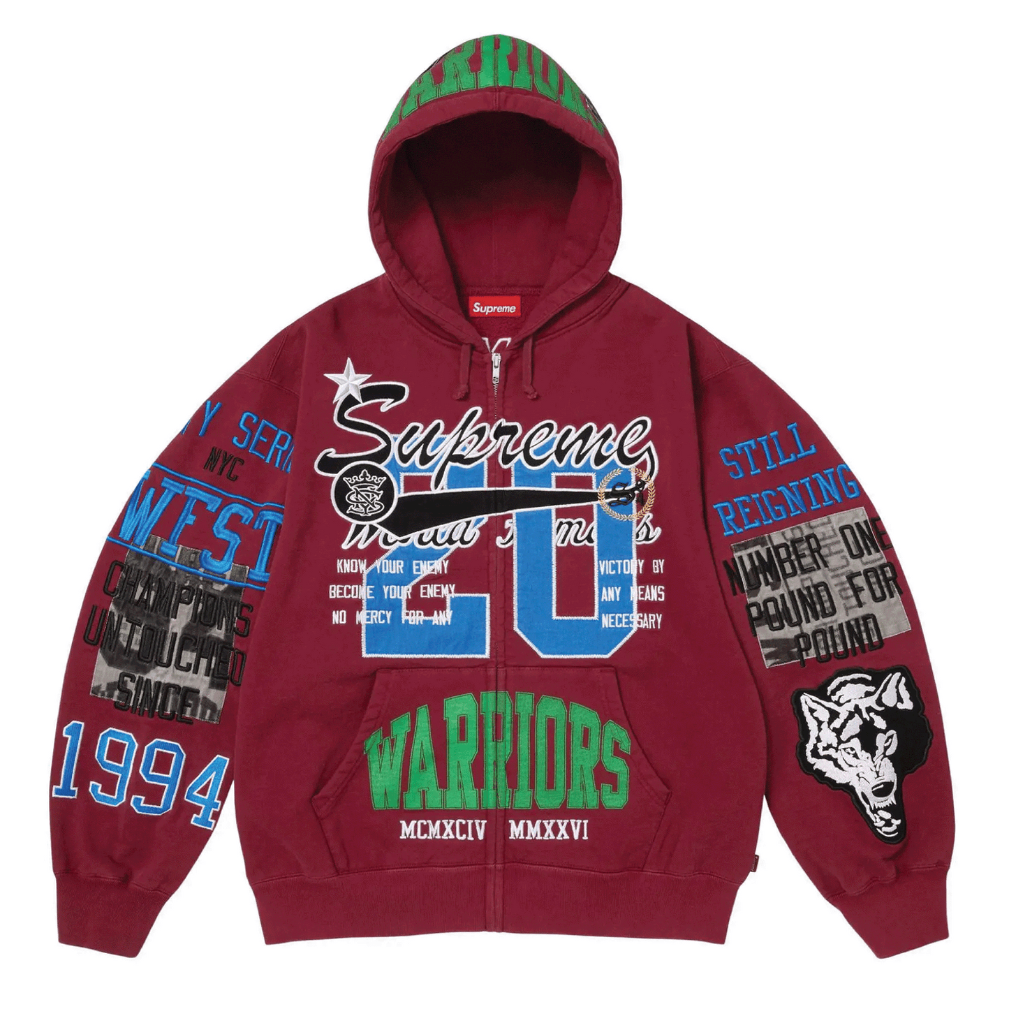 Supreme Warriors Applique Zip Up Hooded Sweatshirt Red