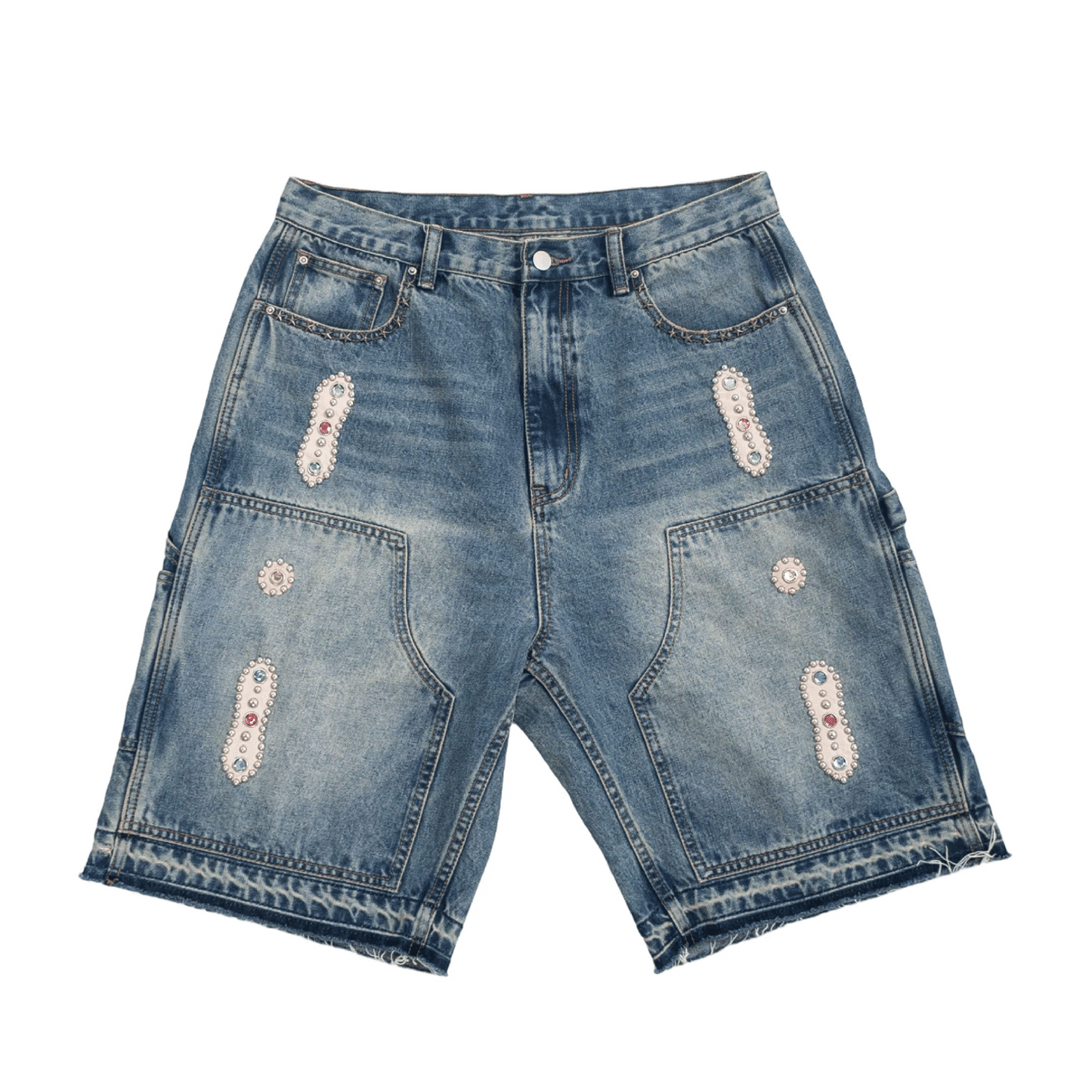 Japanese Sorrow Embellished Blue Denim Shorts