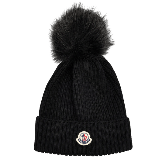 Moncler Virgin Wool Rib Beanie Faux Fur Pompom