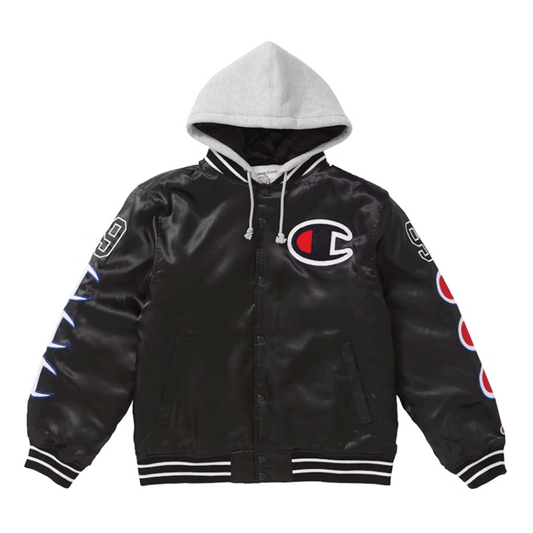 Supreme Champion Hooded Satin Varsity Jacket Black