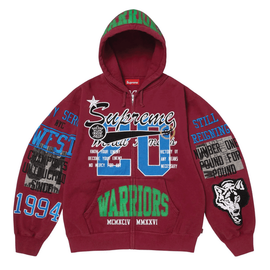 Supreme Warriors Applique Zip Up Hooded Sweatshirt Red