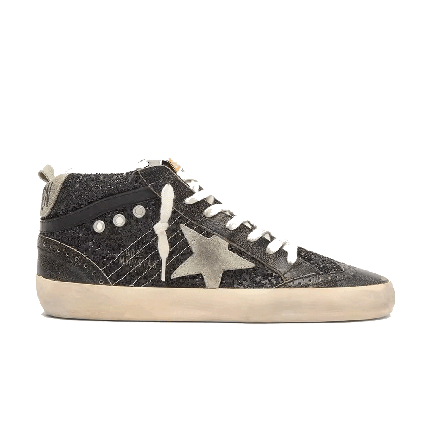 Golden Goose Mid Star black glitter with dove-gray suede star and heel tab