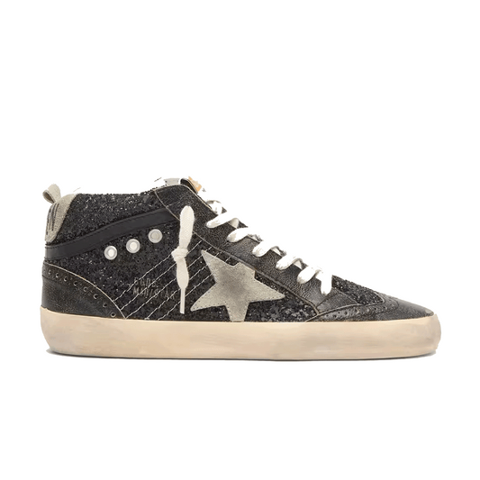 Golden Goose Mid Star black glitter with dove-gray suede star and heel tab